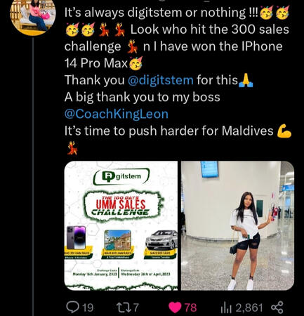 SHE WON AN IPHONE 14PROMAX FOR WINNING THE 300 SALES CHALLENGE FROM THE COMPANY